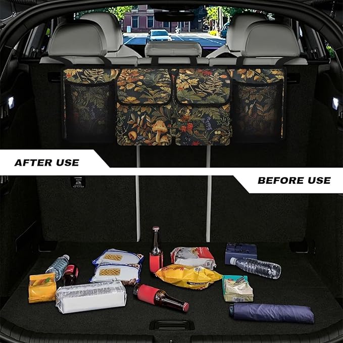 Mushroom Car Trunk Organizer with 4 Pockets, Hanging Car Backseat Storage Bag with 3 Adjustable Straps, Car Interior Accessories for SUV, Truck,Van