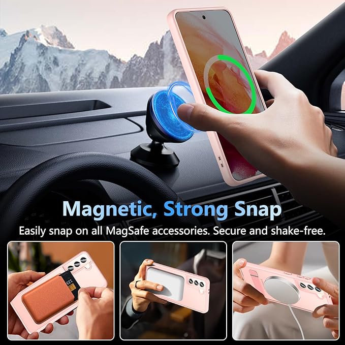 OWKEY for Samsung Galaxy S21 Case with Stand, Magnetic Shockproof Case Fit for Magsafe Translucent Matte Cover for Samsung S21, Pink