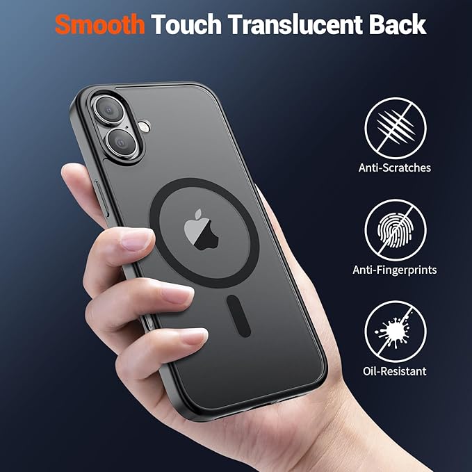 SUPFINE Magnetic for iPhone 16 Case (Compatible with MagSafe) (Military Grade Drop Protection) Translucent Matte Shockproof with Anti-Fingerprint Phone Cover,Black