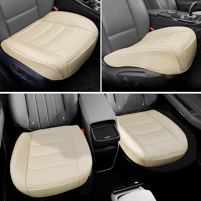 Car Seat Cover for Luxury & Comfort - PU Leather, Anti-Slip, Full Wrap Protection with Storage Pocket for Bottom Cushion - Universal Fit for 95% of Vehicles （Yellowish-White,1 Piece