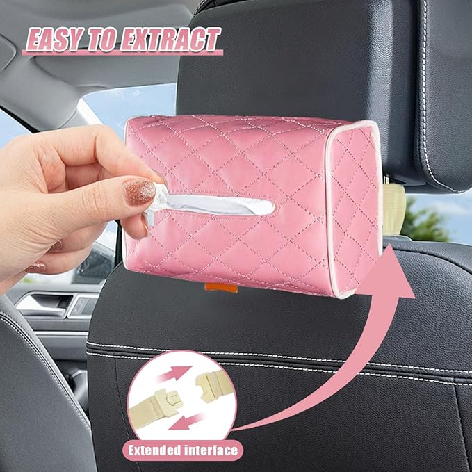 Car Tissue Holder, Soft PU Leather Auto Backseat Napkin Holder, Rectangle Hanging Tissue Box for 100-150 Standard Tissues, Universal Car Interior Storage & Organization Accessories (Pink)