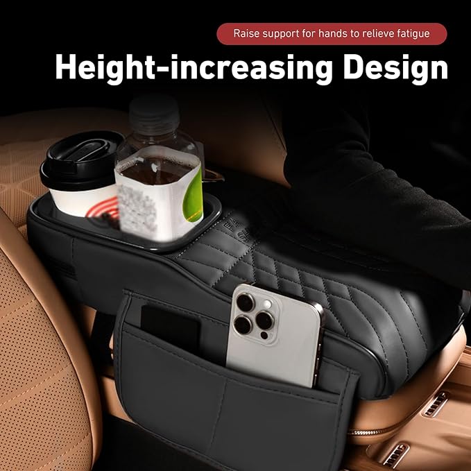 Car Center Console Booster Cover, Multifunctional Car Interior Arm Rest Box Storage Cushion with Cup Holder, Tissue Box, Side Pockets, Leather Memory Foam Armrest Pillow Protection (Black)