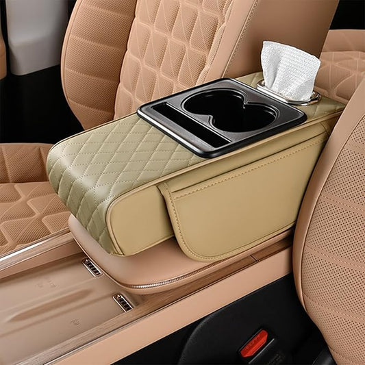 Car Armrest Pad for Toyota RAV4 XA50 RAV 4 2019-2024, PU Leather 5-in-1 Armrest Storage Box Center Console Cover Armrest Cushion Arm Rest Cushion Pads with Cup Holders and Tissue Box