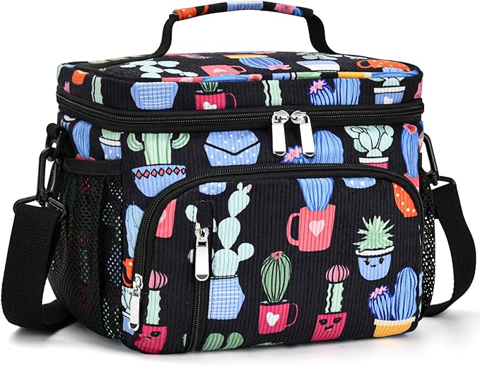 Insulated Lunch Bag for Men & Women, 9L Leakproof Lunch Box Soft Cooler Tote with 5 Pockets, 600D Oxford, EVA Lining, Adjustable Strap for Work, Picnic, Beach&Travel-Corduroy Cactus