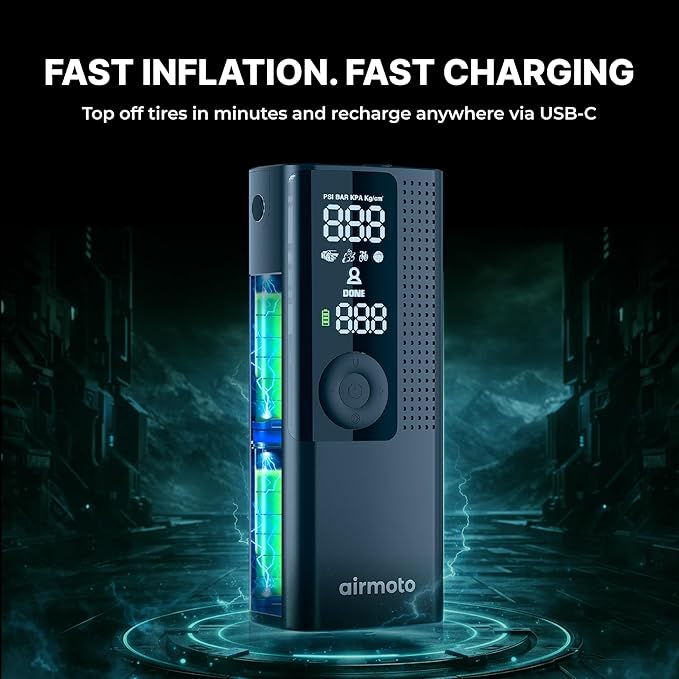 Airmoto Tire Inflator Portable Air Compressor - Air Pump For Car Tires with Digital Pressure Gauge, LED Light and Auto Shut-Off Function - Cordless Pump for Car, Motorcycle, Bicycle, Ball (Pack of 2)