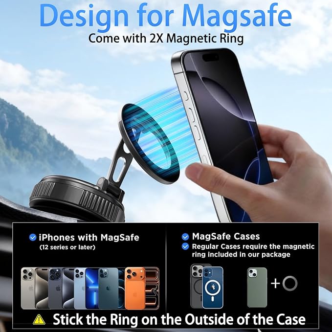 JKSML Magnetic Car Phone Holder [98LBS Strongest Suction & 2800gf Magnetic] 360° Adjustable Foldable Car Mount for Magsafe, Versatile for Car/Gym/Mirror Mount/Daily Stand, for iPhone & Android, Black