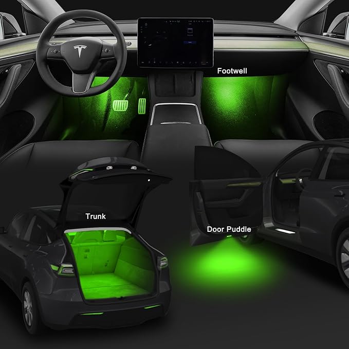 4 Pcs Interior LED Lights Bulbs Kit Compatible with Tesla Model 3, Y, X, S, Super Bright Replacement Light Bulbs for Footwell, Door Puddle, Trunk, Frunk - for Tesla Accessories (Green)