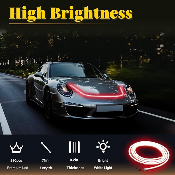 DIBMS 71-inch High-Brightness Car Hood Gap LED Light Strip - Daytime Running Lights Universal Auto Exterior Decor Accessories (Red)