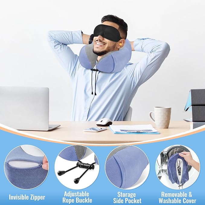 CloudBliss Travel Pillow Premium Memory Foam, Comfortable & Supportive Neck Pillow, Neck Pillows for Sleeping Travel, Airplane Pillow for Sleeping Airplane, Car, Office and Home（Black & Blue）