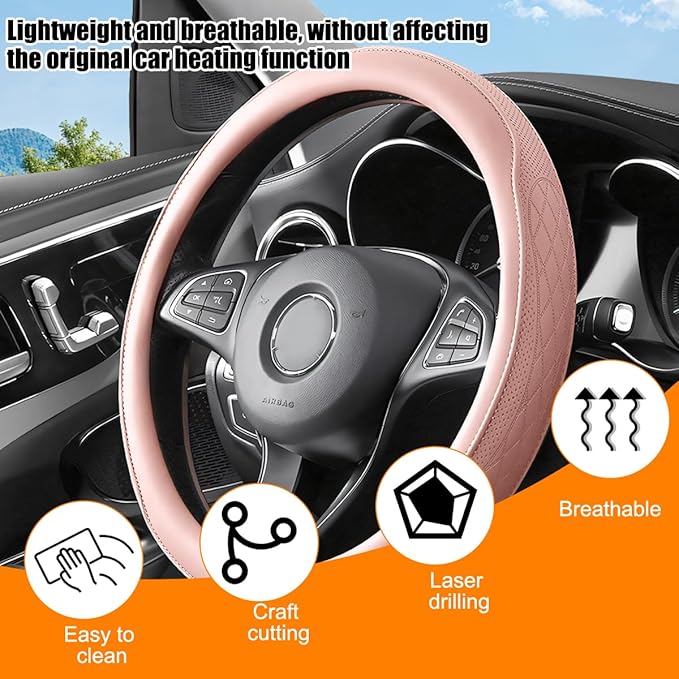 Car Steering Wheel Cover, 14.5-15" Breathable Soft Leather Vehicle Steering Wheel Protector with Anti-Slip Lining, Comfortable Auto Interior Decoration Accessories, Universal Fit (Pink)