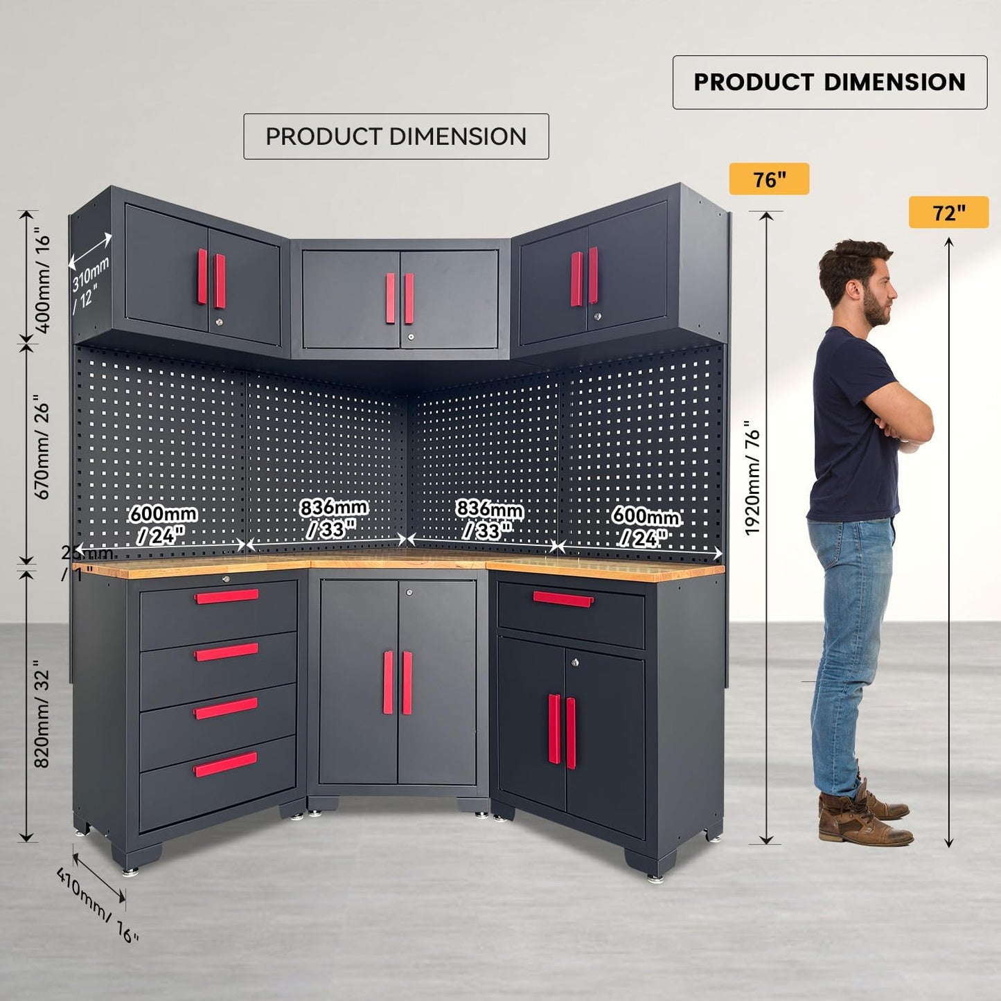 Red Garage Cabinet Storage System 10-Pcs Corner Workshop Set Garage Cabinet and Storage System for Tool Organization