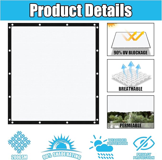 Amagenix 90% Pergola Shade Cover 15' X 24' Sun Shade Cloth with Grommets for Outdoor Garden Patio Porch, Commercial Grade 200 GSM - Cable Zip Ties Included (We Customized) GN108, White