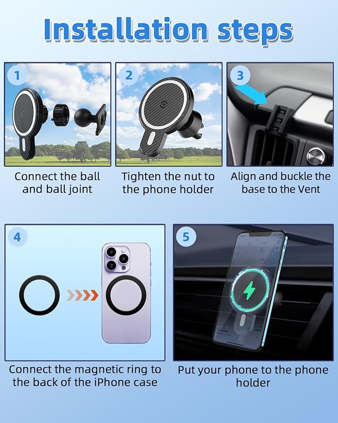 PZK Car Phone Holder for Toyota RAV4 2013-2015 2016 2017 2018 Accessories Custom Air Vent Phone Mount Magnetic 15W Fast Wireless Charger Hands Free 360° Rotation Cell Phone Automobile Cradles