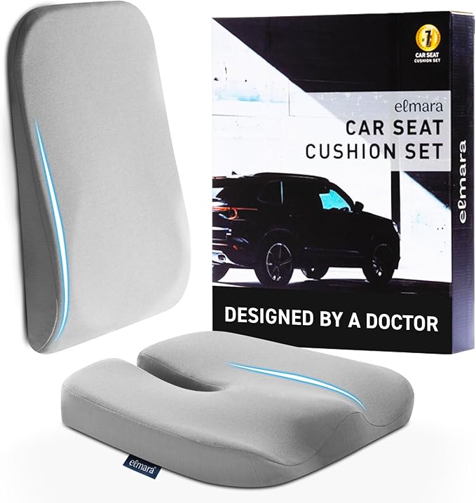 Elmara Doctor-Designed Car Seat Cushions for Driving – Car Seat Back Support, Driver Seat Cushion and Back Cushion for Car, Pillow for Driving Seat – The Ultimate Comfort Solution for Cars (Gray)