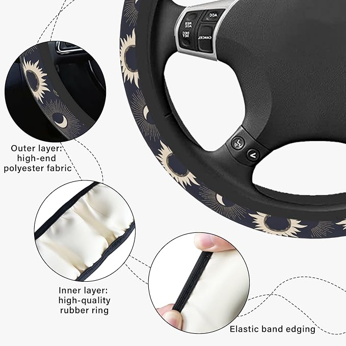 Sun Moon Steering Wheel Cover, Cute Print Elastic Steering Wheel Cover Protector, Ultra-Thin Skin-Friendly and Breathable, Car Accessories for Men, for Steering Wheel with a Diameter of 14.5"-15"