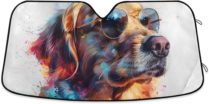 Funny Golden Retriever Dog Windshield Sunshade Car Sun Shade Blocks UV Rays Visor Protector Accordion Folding Sun Reflector Auto Sunshade for Truck SUV