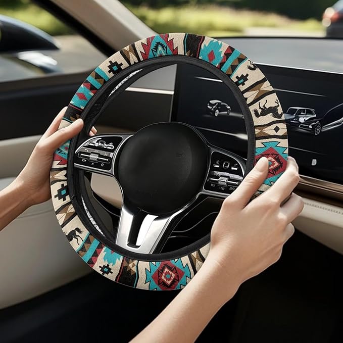 SEANATIVE Universal Steering Wheel Cover, Easy to Disassemble, Non-Slip Soft Steering Wheel Cover, Blue Aztec Hores Auto Decor Accessiores