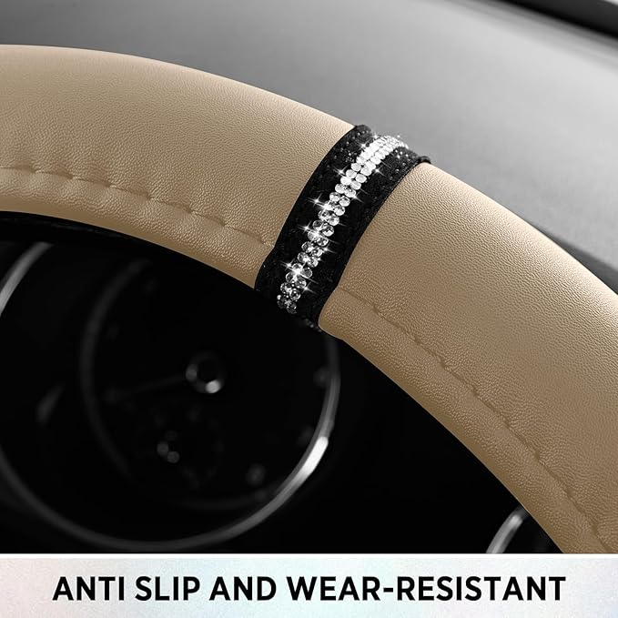 Road Comforts Leopard Steering Wheel Cover - Made with PVC Leather Cheetah Print, D-Shaped Automotive Steering Wheels - Anti-Slip, Universal Fit 14 1/2 inches to 15 inches - Beige
