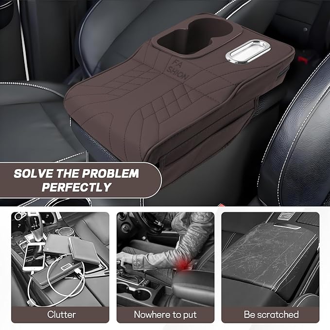 Car Center Console Armrest Pillow, 13.4"×7.5"×2" Leather Auto Arm Rest Cover with Pocket & Tissue Box & Cup Holder, Multifunctional Vehicle Armrest Cushion Pad, Car Accessories (Brown)