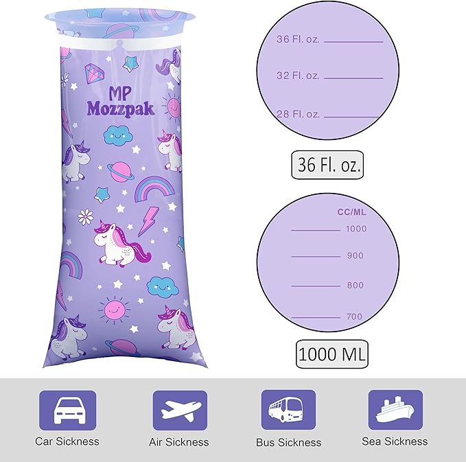 MP MOZZPAK Vomit Bags Disposable 35 Pack - 1000ml Emesis Bags, Leak-Proof Barf Bag, Travel Friendly Puke & Nausea Bag for Motion Sickness, Medical Grade Throw up Relief for Car (35pk - Unicorn Style)