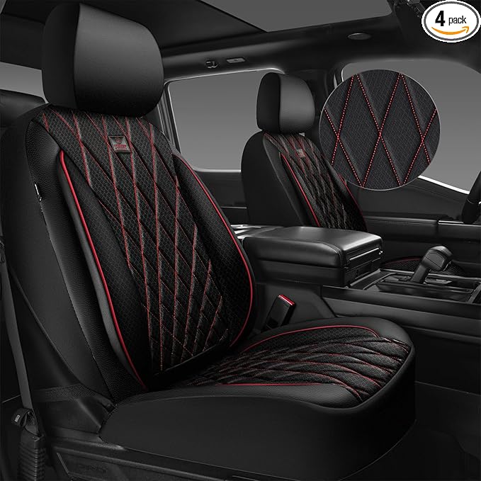 CAR PASS Thick Foam 3D Air Mesh Leather Car Seat Covers Front Seats Only, Breathable Premuim Leather Two Front Seat Cover, Airbag Compatible Universal Fit for 95% Sedan Van Truck SUV,Black and Red