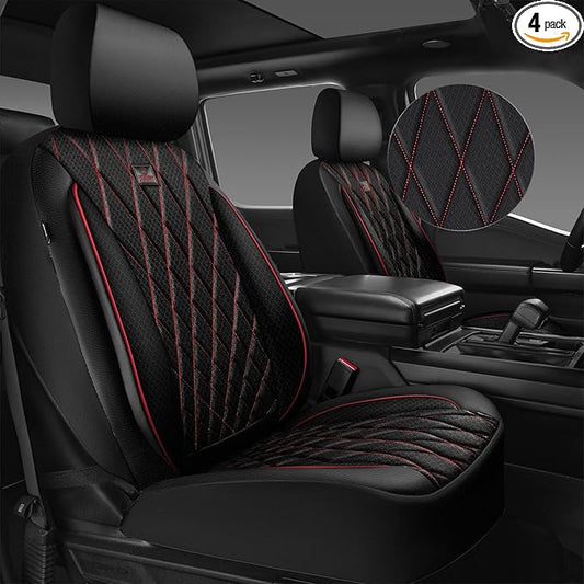 CAR PASS Thick Foam 3D Air Mesh Leather Car Seat Covers Front Seats Only, Breathable Premuim Leather Two Front Seat Cover, Airbag Compatible Universal Fit for 95% Sedan Van Truck SUV,Black and Red