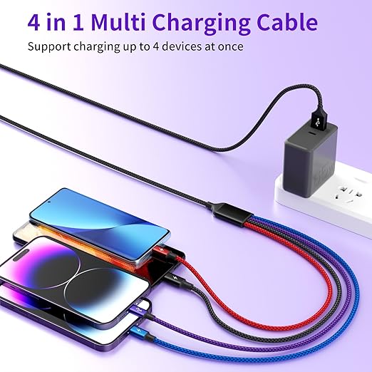 Multi Charging Cable [2Pack 5FT],Nylon Dual IP 4 in 1 Charging Cable, Multiple Charger Cord with IP/IP/Type C/Micro Port, Compatible with Most Cell Phones/Tablets and More