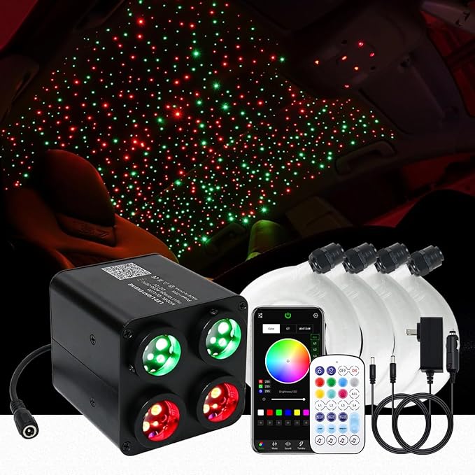 AKEPO 36W 4 Color Twinkle Fiber Optic Starlights Headliner Lights Kit, Optical Fibers Music Sync Bluetooth APP Control Starlight Kit, 800pcs*9.8ft