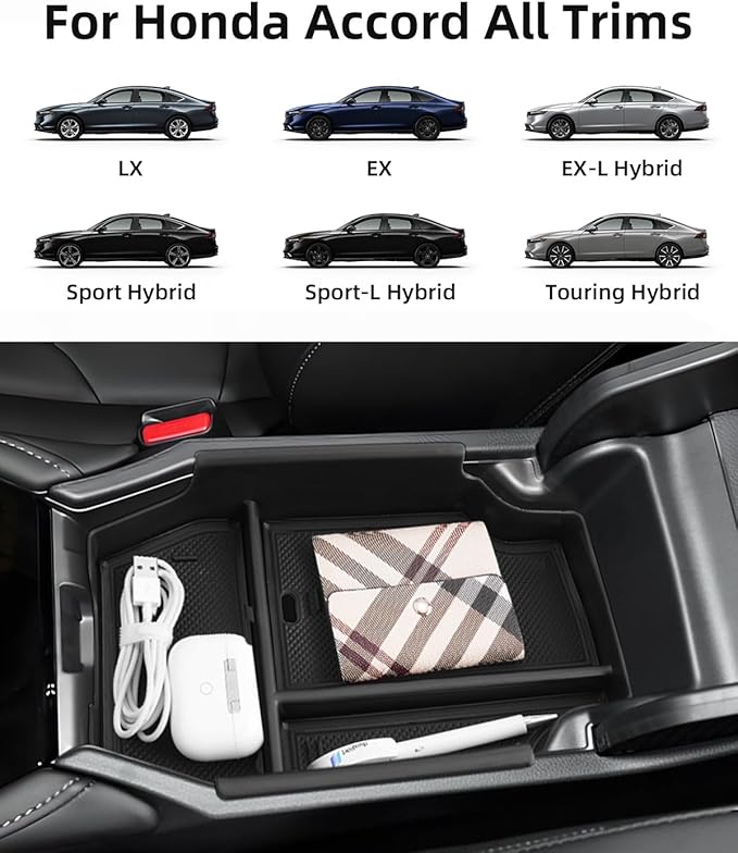 Armrest Organizer for 2026 2025-2023 Honda Accord, Center Console Organizer with Removable Rubber Mat, Center Console Tray Custom for Honda Accord Accessories, Black