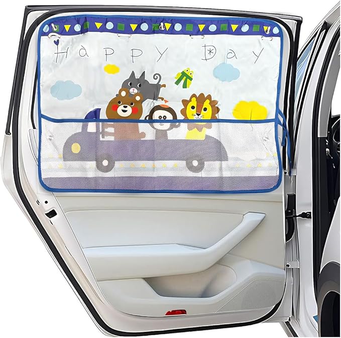 Car Window Shade for Baby, Blackout Car Window Curtain with Storage Pockets & 7 Suction Cups, Cartoon Pattern Cars Side Window Sun Shade Cover for Sun/Heat/UV Rays Protection (Blue-Animals)
