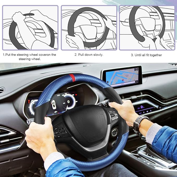 Carbon Fiber Car Steering Wheel Cover, Universal 15 inch Breathable Anti Slip Steering Wheel Covers, Car Interior Accessories Steering Wheel Protector for Men and Women, Fit for Most Cars (Blue/Black)