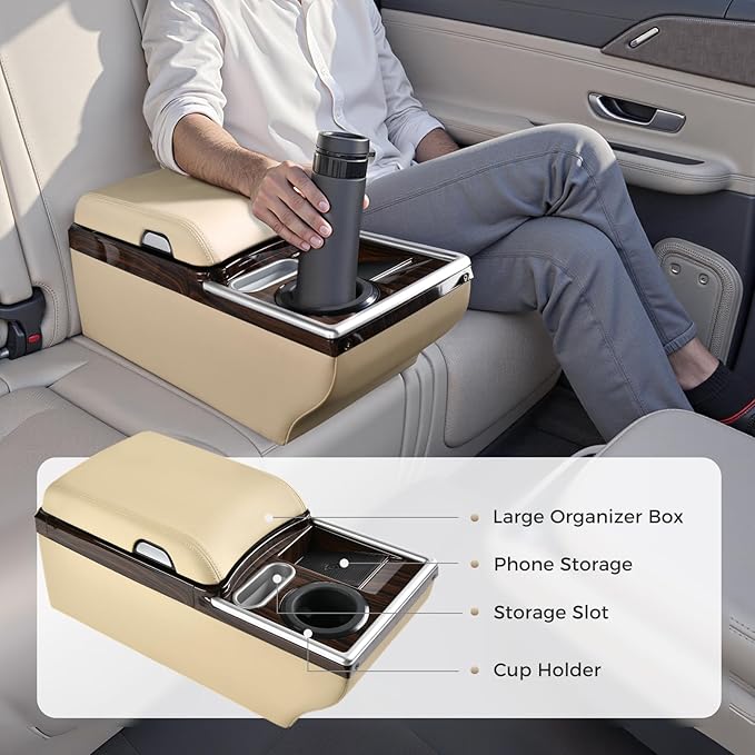 Coverado Center Console, Universal Bench Seat Center Console, Truck Back Seat Car Organizer with Cup Holder, Rear Central Car Armrest Box with Storage, Beige