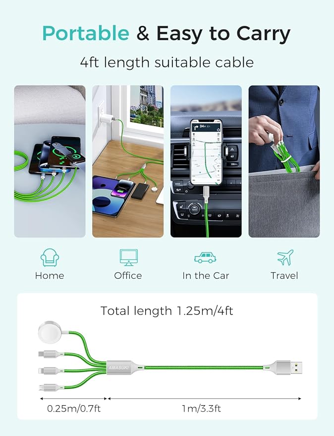 2Pack Multi Charging Cable for Apple Watch Charger 4 in 1 Travel Essentials RV Camping Essentials USB C/L/Micro Compatible with iWatch Series 11-1/iPhone 17/16/15/Android Airplane Gadgets-4FT/Green