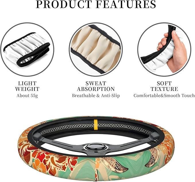 Hawaiian Island Tropical Car Steering Wheel Cover for Women Men 14-15 Inch Stretch Cloth Anti-Slip Wrap Protector Case Fit Universal Auto Accessories Decor Sweat Absorption