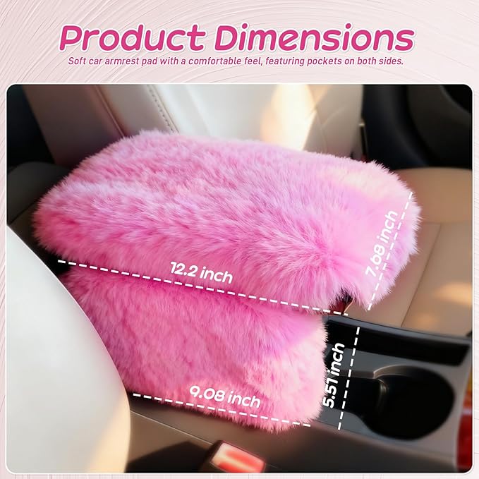 Fluffy Car Armrest Cover with Side Pockets – Plush Fuzzy Fur Center Console Armrest Cushion Pad, Universal Winter Car Interior Protector, Soft Arm Rest Cover with Storage for Women & Men (PINK)