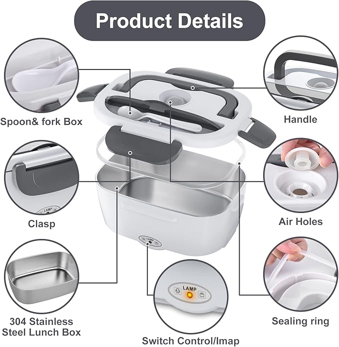 Electric Lunch Box Food Heater, 3 in 1 Ultra Quick Heated Lunch Boxes for Adults, 12V/24V/110V Portable Food Warmer for Car/Truck/Office With Fork Spoon and Insulated Carry Bag