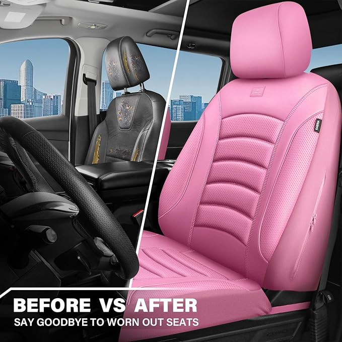 CAR PASS 3D Foam PU Leather Pink Car Seat Covers, Universal Seat Covers Front 2 for Trucks SUV Sedan Automotive Seat Covers Armrest Airbag Compatible Waterproof Comfortable Faux Nappa Leather All Pink