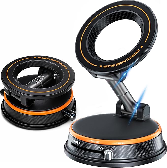 Magnetic Car Phone Holder, 360°Adjustable Vacuum Dashboard and Windshield Mount Magsafe Cell Phone Holders for Your Car, Carbon Fiber 108+LBS Nano Gel Suction Cup, iPhone, Samsung (Orange)