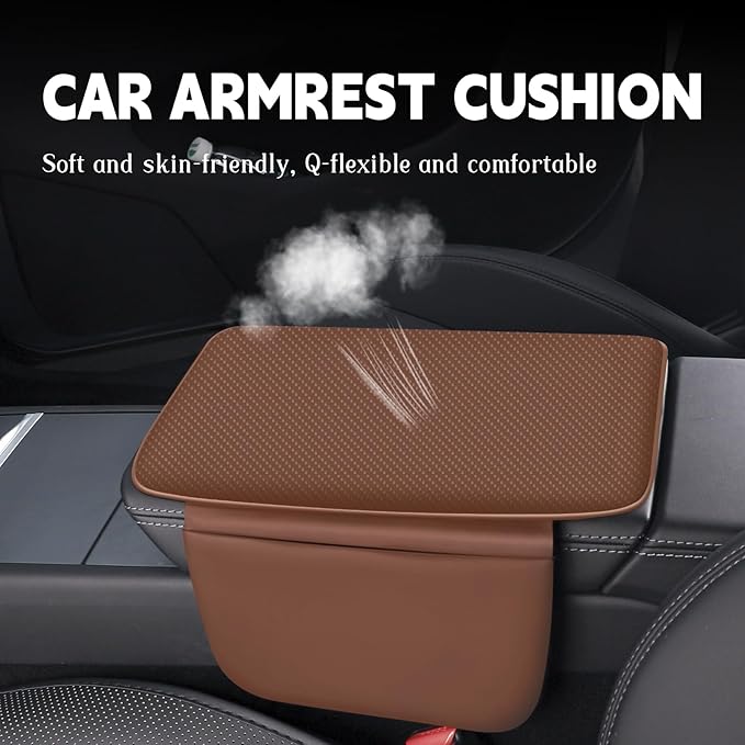 Car Armrest Cover Pad - Nappa Leather Car Center Console Cover with Breathable Holes, Non-Slip Auto Arm Rest Cushion, Universal Car Interior Accessories Fit forTesla Model Y (Dark Brown)