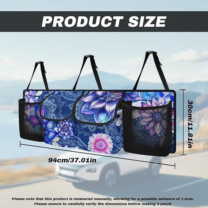 Boho Style Trunk Organizer with Lid Car Women Mandala Floral Blossom Back of Seat Car Organizer for SUVs Sedans