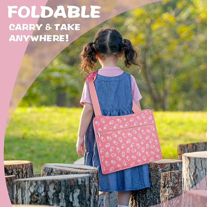 MENZOKE Kids Travel Tray for Toddler Car Seat, Road Trip Activities for Kids with iPad Holder Stand & Dry Erase Board, Road Trip Essentials Accessories Lap Tray as Travel Gifts for Kid, Pink