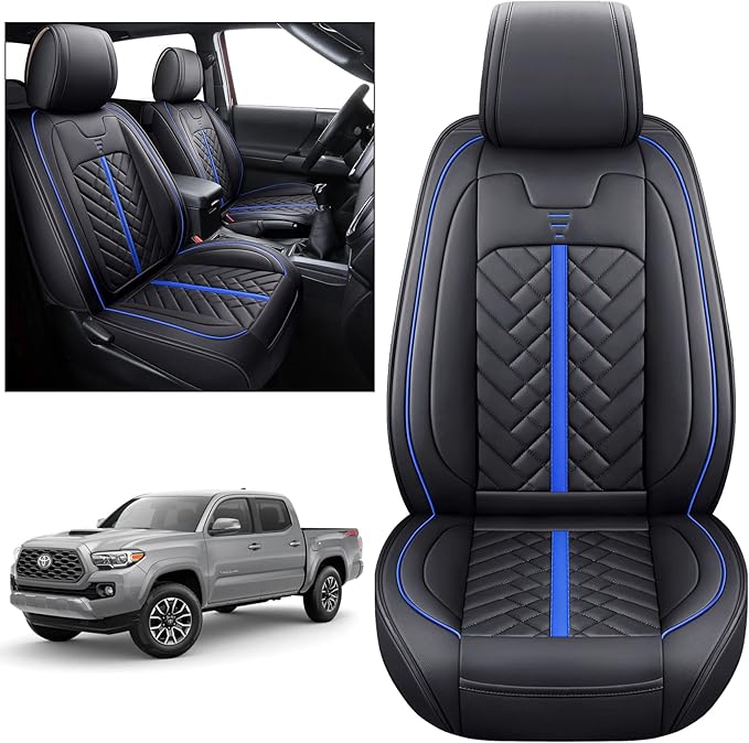 Tomatoman Tacoma Car Seat Covers Compatible with Toyota Tacoma 2005-2023 2024 2025 2026 Truck Access Double Crew Cab TRD Pro Trail Edition Off-Road Waterproof Leather Cushions(2PCS Front/Black-Blue)
