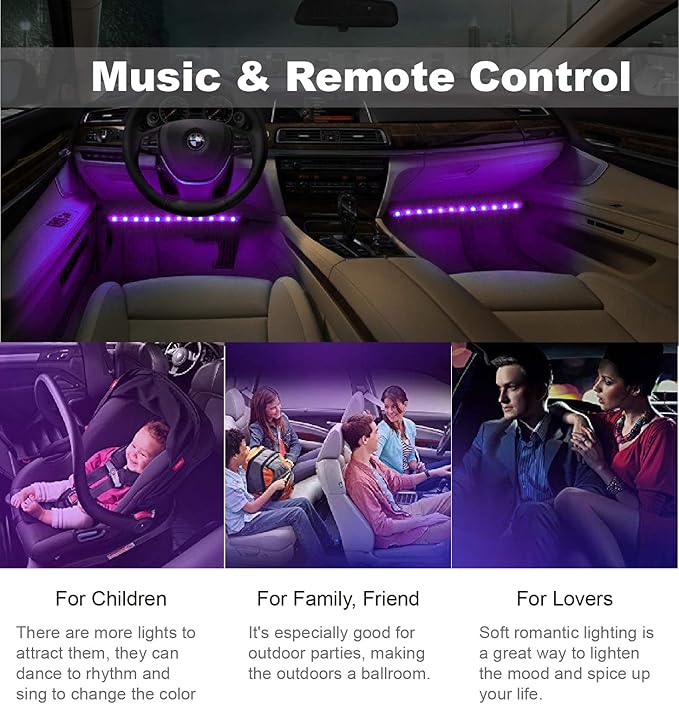 Led Interior Car Lights, Controller Led Lights for Cars, Multicolor Music Underglow Lighting Kits with Wireless Control and Sound Active Function, 4pcs 48 USB LED Interior Lights, DC 5V