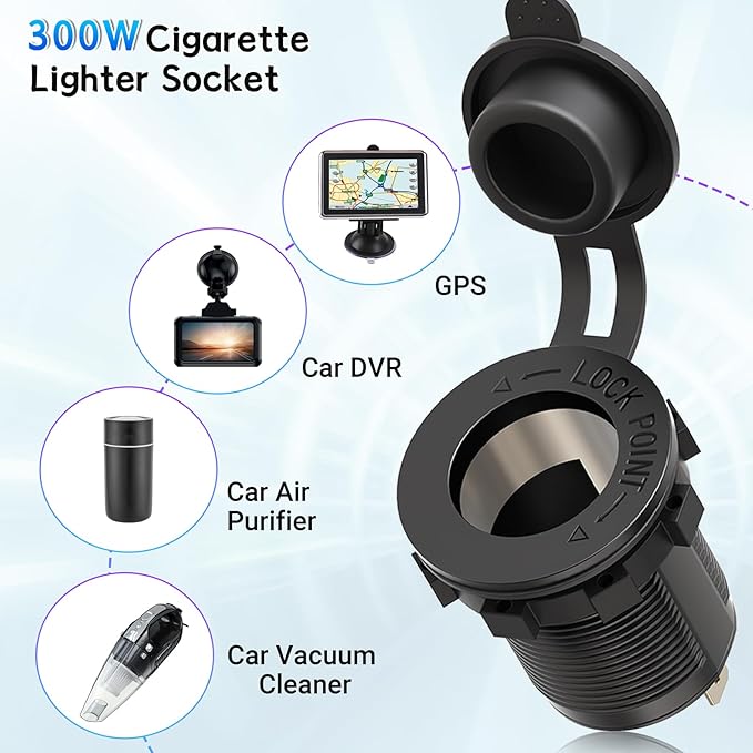 Cigarette Lighter Socket Qidoe 12V Splitter Panel 78W 12V USB Outlet Dual USB C PD&QC3.0 Car Charger Socket ON/Off Switch Waterproof 300W Power Cigarette USB Adapter for Car Marine RV