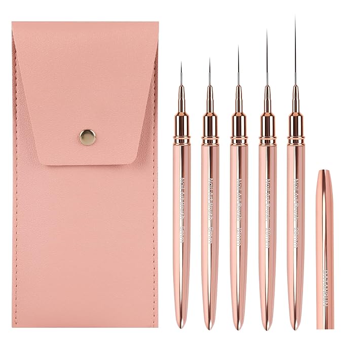 5PCS Nail Art Brushes Set with Pink Leather Case，【Metallic Material】 【Various Size】 【Light Weight】Nail Brush， Nail Brushes for Nail Art，Size：5mm,8mm,12mm,20mm,25mm，Rosegold