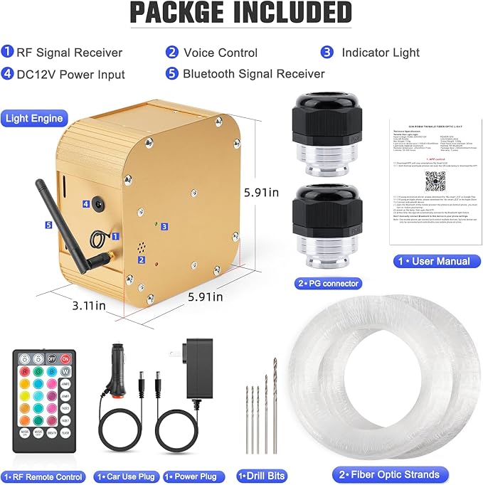 32W Twinkle Starlight Headliner Kit, 1600pcs*0.03in*13.1ft LED Fiber Optic Lights Kit, Star Ceiling Light+10 Crystals+Adapter+Car Use Plug for Car Roof/Home with APP/Remote/Music Mode
