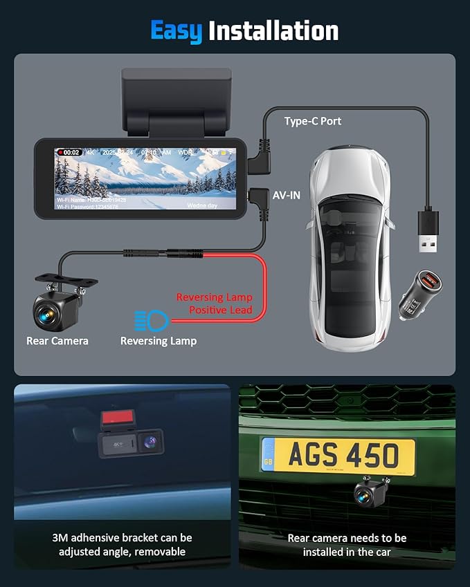 4K Dash Cam, 4K+2K Dash Cam Front and Rear W/ 5GHz WiFi & APP Control 64GB Included, 3.2" IPS Screen Car Dash Cam W/ 24H Parking Monitor, G-Sensor Night Vision, Loop Recording