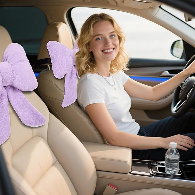 Bow Car Headrest Pillows Plush Car Neck Pillows for Travel Driving Office Chair Head Support Cushions, Also Cute Car Decor Accessories (2PCS Purple)