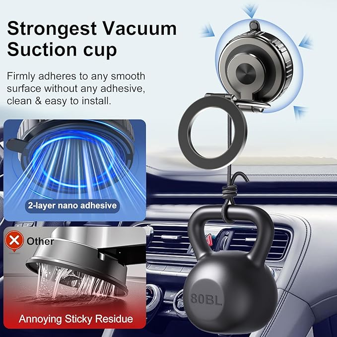 Kairiyard Phone Holders for Your Car, [80+LBS Strongest Suction & 2800gf Magnetic] 360° Adjustable Foldable Vacuum Magnetic Suction Car Cell Phone Holder Mount Compatible for MagSafe iPhone Car