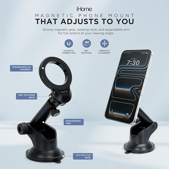 iHome Car Mount, Dashboard/Windshield/Vent Mount, Swivel Neck, Silicone Grip, Adjustable Mount Arm with Suction Cup Base (Magnetic Car Mount)